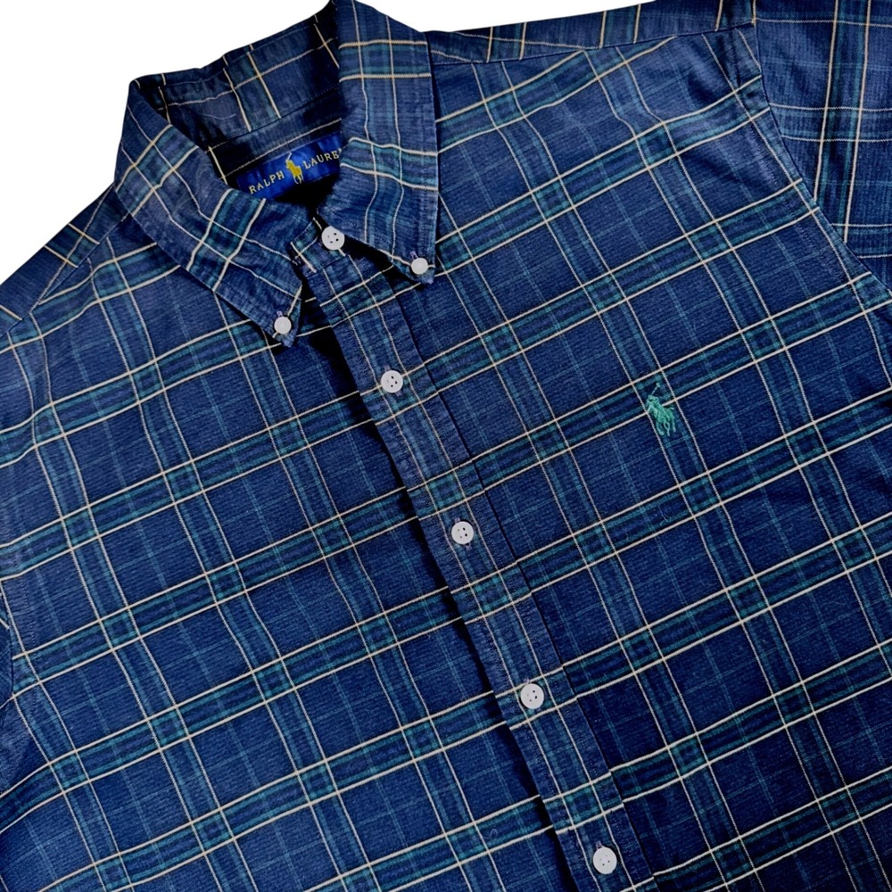 Ralph Lauren Plaid Oxford Button Down Shirt Mens L Navy Green Yellow Long Sleeve